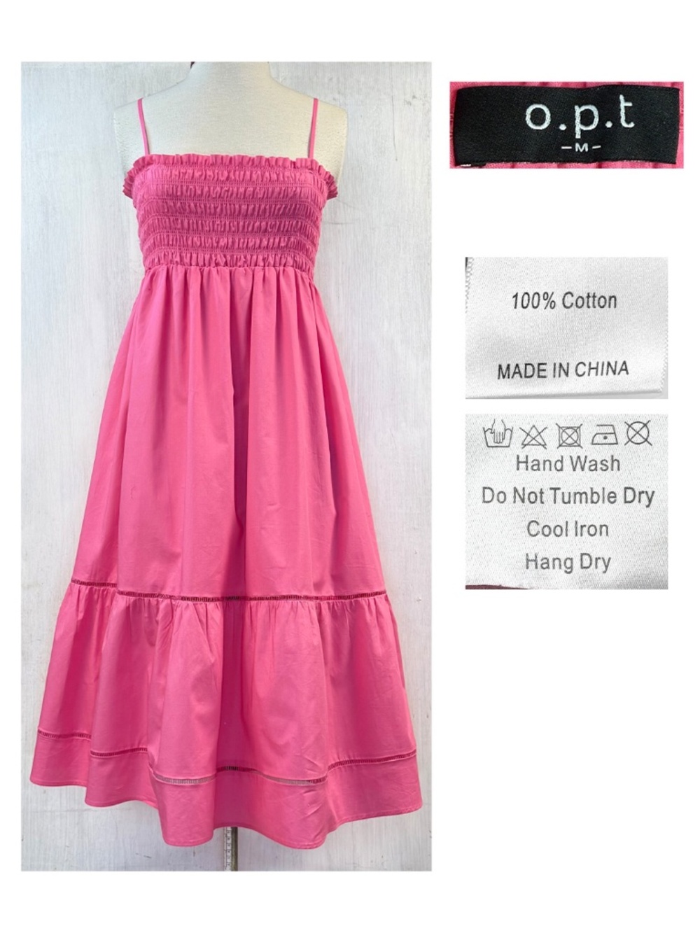 o.p.t. Vibrant Hot Pink Smocked Tiered Cotton Midi Dress Size M Boho Romantic